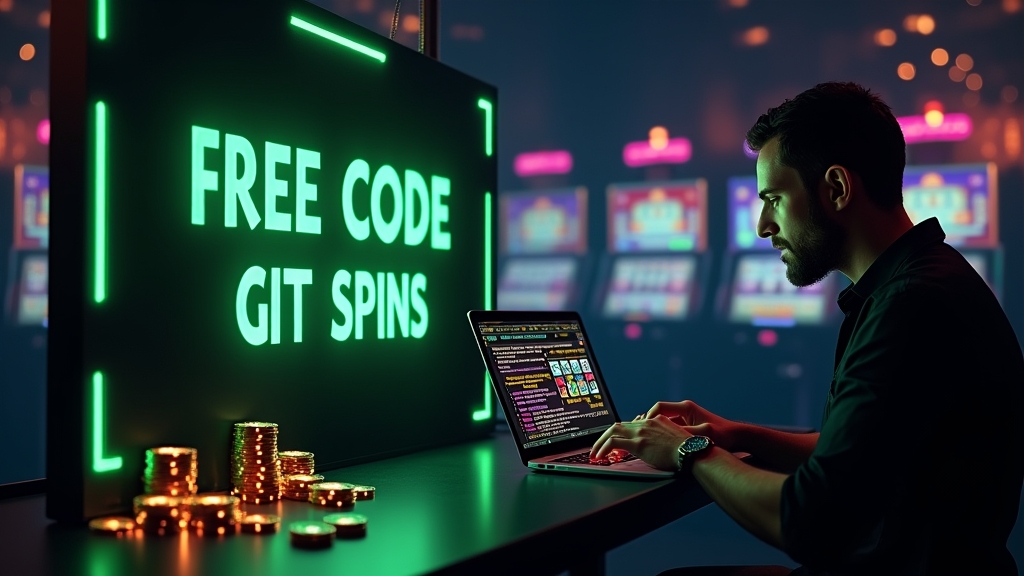 Neonowy ekran z kodem promocyjnym i darmowymi spinami w ciemnym kasynie