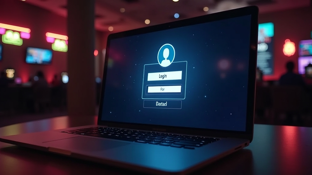 Laptop z panelem logowania w ciemnym wnętrzu kasyna